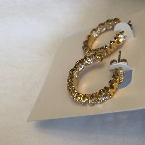 Michael Kors Gold Tone MK Logo & Cubic Zirconia Hoop Earrings NWT - Picture 9 of 16